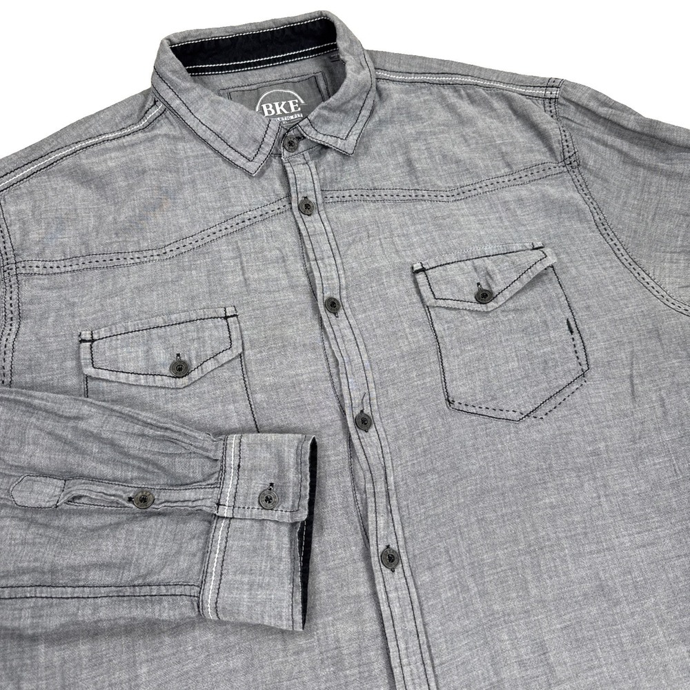 BKE Buckle Shirt Men's XL Athletic Gray Contrast Stitching Long sleeve Country